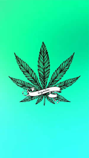 一個大麻葉插圖，帶有 legalize 橫幅，背景是綠色到青色漸變。