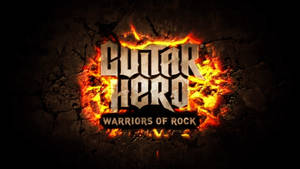 Guitar Hero Warriors of Rock 標誌在破裂的石頭背景上被火焰包圍。