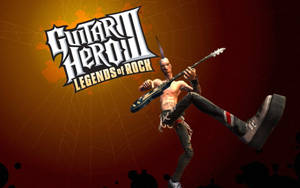 《Guitar Hero III Legends of Rock》遊戲封面，展示一位赤裸上身的結他手在半空中動作。