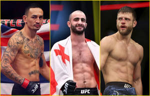 三位UFC拳手在八角籠中展示戰鬥傷痕和民族自豪感。