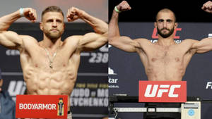 兩名赤裸上身的UFC拳手在體重磅上展示肌肉。