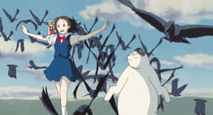 女孩與烏鴉跳舞，白貓在陰天觀看。