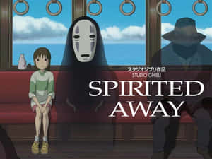 女孩同無臉男喺一列有海景同Studio Ghibli標題嘅火車上。