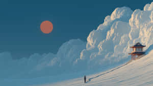 一個人在巨大的橙色太陽和白雲下，走向雪山上的寶塔。 — 極簡美學 壁紙
