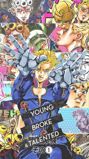 JoJo's Bizarre Adventure 動漫角色在色彩繽紛的漫畫風格拼貼畫中。