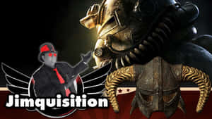 一個戴紅帽和太陽眼鏡的男人站在機械人和有角頭盔旁邊，帶有 'Jimquisition' 標誌。