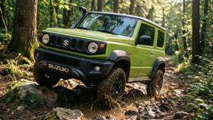 綠色鈴木 Jimny 在泥濘森林小徑上行駛濺水