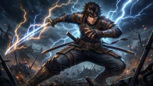 動漫戰士在戰場風暴中揮舞著雷電強化的劍。