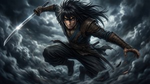 武士戰士穿過暴風雲，手持發光劍
