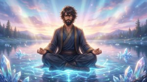 男子在發光湖上冥想，背景有浮動水晶和山脈，黃昏時分。