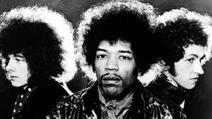 三位大爆炸頭男子的黑白攝影棚肖像。