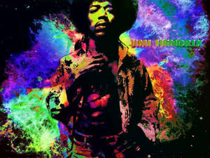 Jimi Hendrix 在色彩繽紛的迷幻背景中，帶有發光文字。