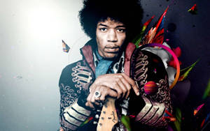 Jimi Hendrix 手持 Fender 結他，周圍環繞著色彩繽紛的抽象藝術。