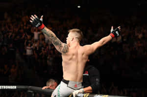 MMA拳手在八角籠中高舉雙臂慶祝勝利。 — 勝利 壁紙