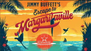 熱帶日落場景，有棕櫚樹、鸚鵡和帆船，宣傳 Jimmy Buffett 的 Margaritaville 表演。