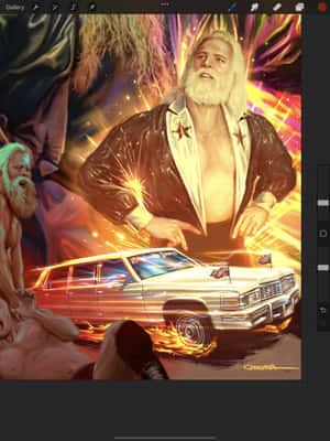 長鬍鬚摔角手指向一輛燃燒的白色靈車，背景為宇宙。 — 火影忍者海報 壁紙