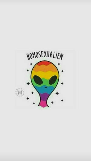 彩虹外星人，帶有「HOMOSEXUALIEN」文字和周圍的星星。