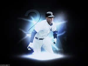 Derek Jeter 身穿紐約洋基隊制服，在黑暗背景中散發藍光。