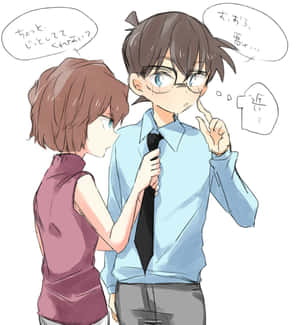動漫女孩調整男孩的領帶，對話氣泡顯示頑皮的互動。