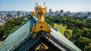 寺廟屋頂上的金色龍形裝飾，下方有城市和公園