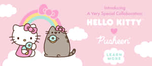 Hello Kitty 和 Pusheen 在彩虹下的雲上拿著甜甜圈。