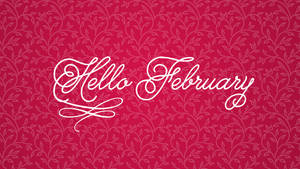 Hello February 以優雅白色字體顯示在紅色花卉圖案背景上