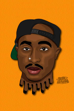 Tupac Shakur戴黑色帽子的卡通插圖，橙色背景。