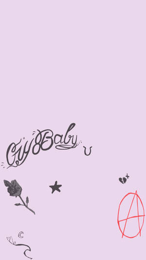 薰衣草背景，帶有「Cry Baby」文字、玫瑰、星星、破碎的心和紅色無政府主義符號。