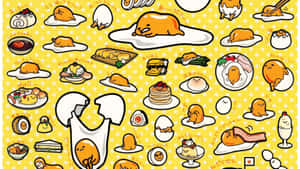 可愛的 Gudetama 角色在黃色圓點背景上的早餐食物中懶洋洋地躺著。