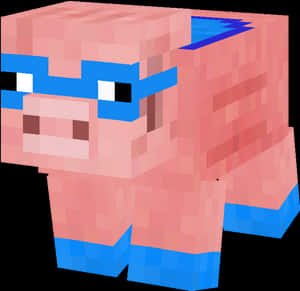 一隻像素化的Minecraft豬，臉上和腿上有藍色標記。