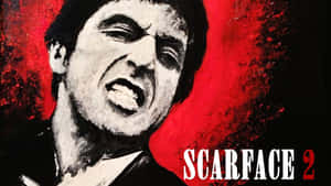 一個男人在紅色飛濺背景上尖叫，帶有 Scarface 2 文字。