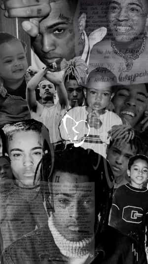 XXXTentacion與家人及手寫訊息的黑色拼貼畫。