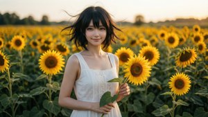 穿白色連衣裙的年輕女性在向日葵田中手持向日葵。