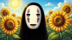 一個戴面具、長黑髮的角色站在高大的向日葵中，頭頂是明亮的太陽。