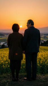 一對老夫婦手牽手，看著夕陽落在黃色花田上。