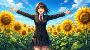 動漫女孩穿著校服在向日葵田裡開心地站在藍天下。