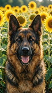 德國牧羊犬在陽光明媚的日子裡在向日葵田微笑。 — 德國牧羊犬 壁紙