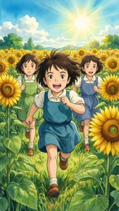 三個女孩在燦爛的陽光下奔跑在向日葵田中。