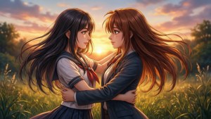 兩個穿著校服的動漫女孩在日落時的草地上擁抱。