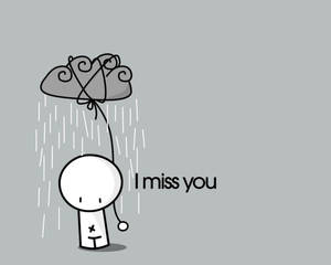 一個簡單的卡通角色手持一朵雲，雲朵向他們下雨，並帶有文字「I miss you」。 — 黑白藝術 壁紙