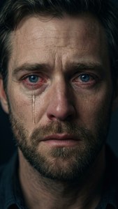 一個藍眼睛的男人在黑暗的環境中流下一滴眼淚。