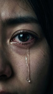 女性眼睛的特寫，淚水滴落在昏暗燈光下的臉頰上。