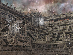 漂浮的城市，擁有複雜的建築，背景是星光燦爛的宇宙。 — 插畫 壁紙