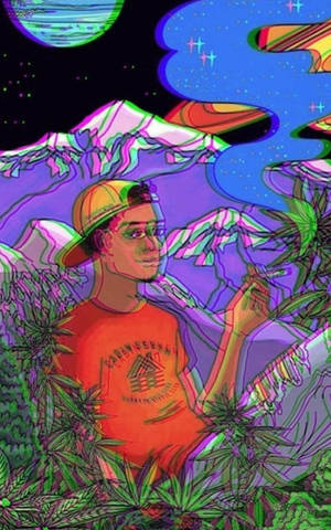 年輕男子在超現實的風景中吸煙，背景是發光的山脈和外星天空。