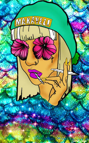 卡通女孩戴著花朵太陽眼鏡和綠色帽子，在閃閃發光的美人魚鱗片背景上抽煙。