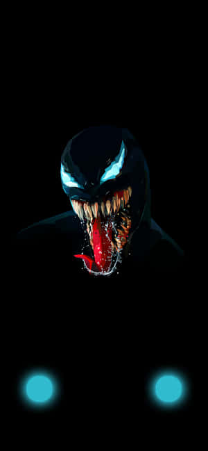 Venom 有發光嘅藍色眼睛同紅色舌頭，黑色背景配上藍色球體。