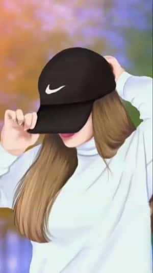 身穿白色高領毛衣的年輕女子將黑色Nike帽子調整到眼睛上方。 — 動漫女孩 壁紙
