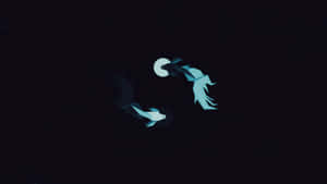 兩條發光的魚在繁星點點的夜空中，圍繞著滿月游動。