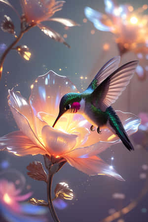 一隻蜂鳥在帶有柔和光線和閃爍光芒的花朵附近盤旋 — iPhone Duo 壁紙