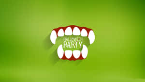 牙齒圖形，帶有 Halloween Party 文字，背景為綠色